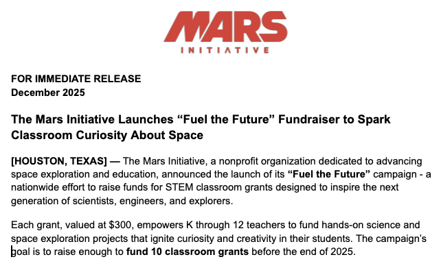 The Mars Initiative Launches “Fuel the Future” Fundraiser to Spark Classroom Curiosity About Space