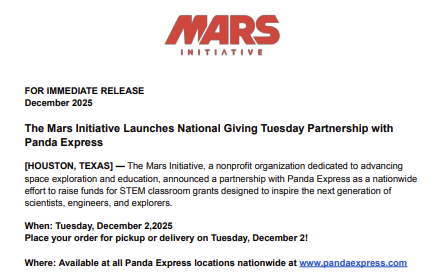 The Mars Initiative Launches National Giving Tuesday Partnership with Panda Express